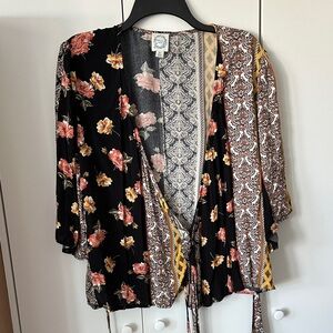 Blue Rain Tie Front Black Floral and Paisley Blouse